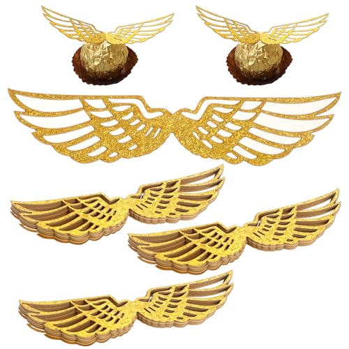 50 Stück Gold Glitter Flügel Kuchen Dekoration Schokolade Flügel Party Dekor Golden Snitch Wings Cupcake Topper mit Klebepunkt für Bonbons Kuchen Cupcakes Party Mottoparty von Sliverdew