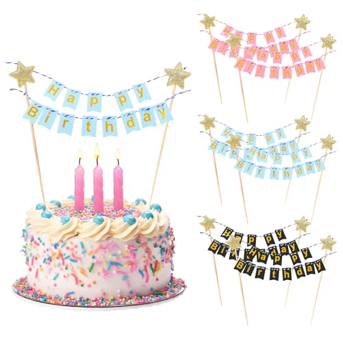 6 Sets Happy Birthday Cake Topper Banner Wimpelkette Banner Glitzer Kuchen Topper Handgemachte Wimpel Flaggen mit Holz Polls für Kinder Mädchen Jungen Geburtstag Party Dekoration von Sliverdew