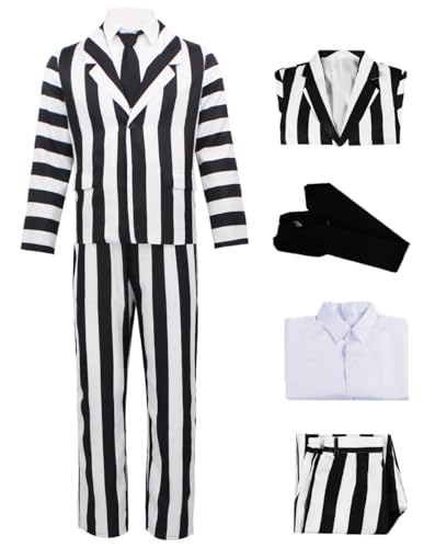 Betelgeuse SV012S Kostüm für Herren, Erwachsene, schwarz-weiß gestreifter Anzug, Halloween-Kostüme, Horrorfilm-Charakter, Cosplay-Set mit Hemd, Krawatte, Blazer, Hose von Slivomi