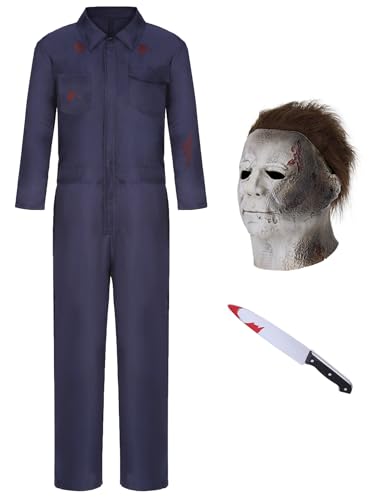 Slivomi Scary Killer-Kostüm für Erwachsene, Herren, Serienmörder, Cosplay, Overall, Halloween, Overall, Overall, mit blutblauem Overall, Outfit-Set mit Kinfe-Requisiten-Maske, SV015L von Slivomi