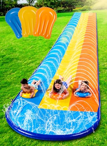 Sloosh 22,5ft/685,8cm Dreispurige Wasserrutsche mit 3 Bodyboards, Rasen-Wasserrutsche mit Outdoor-Sprinkler für Kinder und Erwachsene, Sommerspielzeug für Wasserspaß von Sloosh