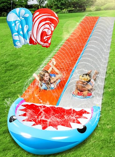 Sloosh 22,5ft/685,8cm Wasserrutsche mit 2 aufblasbaren Boards, doppelte Rasen-Wasserrutsche mit fortschrittlichen Sprinklern, Sommerspielzeug für Kinder und Erwachsene, Spaß im Garten, Hai von Sloosh