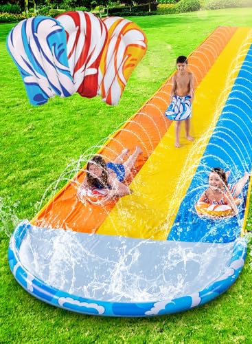 Sloosh 22,5ft x 84in/685.8*213.3cm Wellen Dreifach-Garten-Wasserrutsche, strapazierfähige Wasserrutsche mit 3 Bodyboards und Sprinkler für Kinder und Erwachsene, Sommer-Wasserspielzeug für den Garten von Sloosh