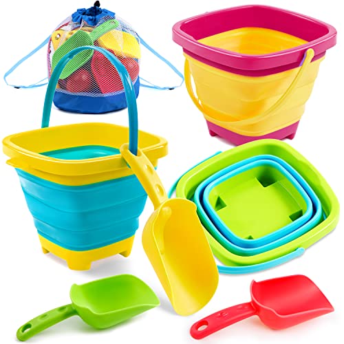 Sloosh 3 PCS Faltbare Eimer mit 3 Schaufeln Sand Eimer Wasser Eimer Sandkasten Sommer Party Faltbare Eimer Eimer Silikon zusammenklappbar Eimer Kinder Strand Spielzeug 2.4L von Sloosh