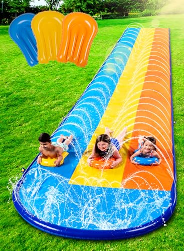 Sloosh 18ft/548cm Dreispurige Rutschbahn mit 3 Bodyboards, Rasen-Wasserrutsche mit Sprinkler für Kinder und Erwachsene, Außen-Wasserspielzeug für Sommer-Spaß von Sloosh