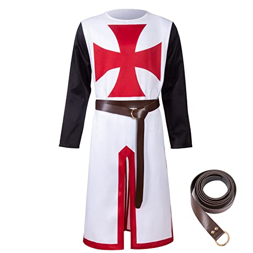 Mittelalterliche Tunika Kreuzritter Kostüm Renaissance Tempelritter Cosplay Surcoat Robe Umhang Outfit mit Gürtel (Medium, Rot) von Slorntukn