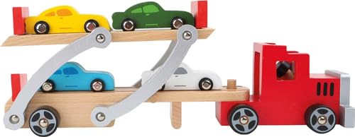 small foot Autotransporter aus Holz, mit abnehmbarem Anhänger und 4 bunten Autos, für Kinder ab 3 Jahren, 4222 von Small Foot