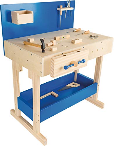 Small Foot Kinder Werkbank in Natur und Blau aus Holz, mit großer Arbeitsfläche und Werkzeug, ab 8 Jahren, 10839 Toys, Mehrfarbig, standard size von Small Foot