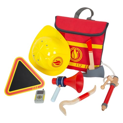 small Foot Feuerwehrrucksack mit Zubehör, Feuerwehr-Spielzeug aus Holz fürs Rollenspiel, für Kinder ab 3 Jahren, 12361 von Small Foot