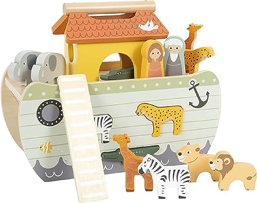 Small Foot Tier Steckspiel Arche Noah „Safari“, Motorikspielzeug aus Holz mit 15 Tierfiguren, für Kinder ab 12 Monaten, 12456, braun/grün, S von Small Foot