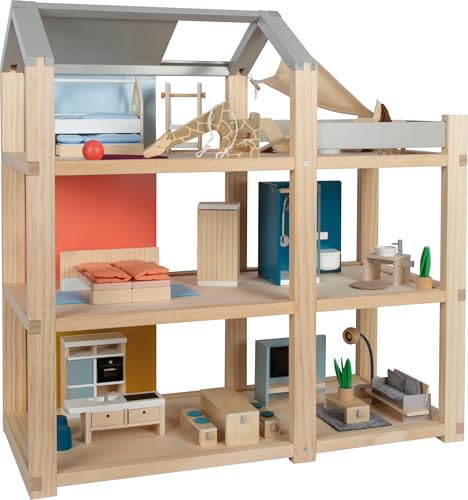 Small Foot Puppenhaus aus Holz, Naturfarben – 3-stöckig mit Dachterrasse und 51-teiligem Möbelset, fördert kreatives Spielen, ab 3 Jahren geeignet, 12541 von Small Foot