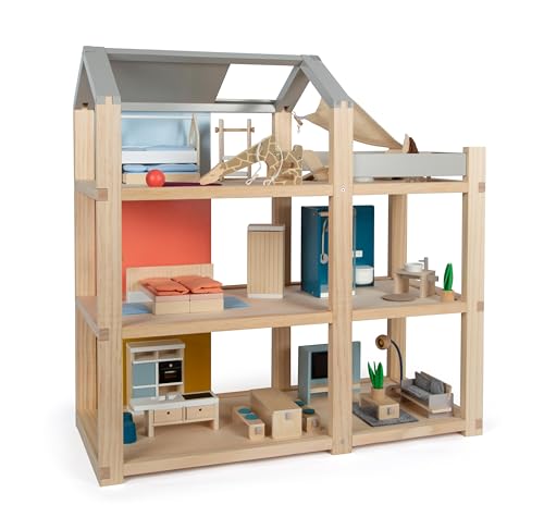 Small Foot Puppenhaus aus Holz, Naturfarben – 3-stöckig mit Dachterrasse und 51-teiligem Möbelset, fördert kreatives Spielen, ab 3 Jahren geeignet, 12541 von Small Foot