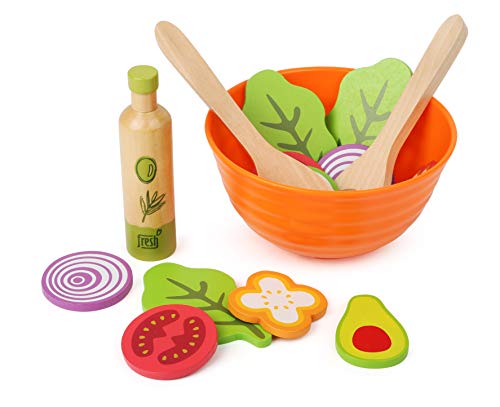 small foot Salat Set aus Holz, Kinderküchenzubehör, inkl. Schüssel, Salatbesteck und Dressing, ab 24 Monaten, 11476 von Small Foot