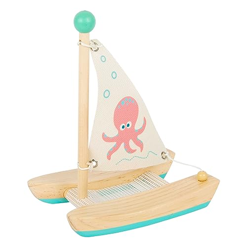 small Foot Wasserspielzeug Katamaran Oktopus aus Holz, Badespielzeug fürs Wasser, für Kinder ab 24 Monaten, Badewannenspielzeug 11656, Blau von Small Foot