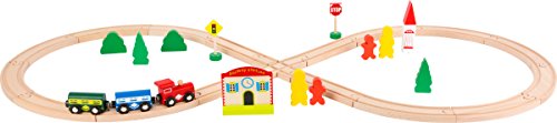 small foot 10503 Holzeisenbahn mit klassischen Schienen inkl. Lok Waggons, sowie Bahnhof, Zwei Verkehrsschilder und Stadteinrichtung für Kinder ab 3 Jahren von Small Foot