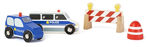 small foot 10804 World Polizei-Set aus Holz, inkl. Zwei Polizeiautos und Pylonen sowie Straßensperren, kompatibel mit Allen gängigen Holzeisenbahnen von Small Foot