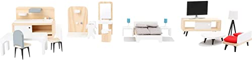 Small Foot Puppenhausmöbel Komplett-Set aus Holz, Wohnzimmer, Küche, Schlafzimmer und Badezimmer, ab 3 Jahren, 11414 small foot-11414 Puppenmöbel, Mehrfarbig, S von Small Foot