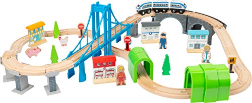 small foot Eisenbahn "Brückenschlag" aus Holz mit Hängebrücke und Tunneln, Spielwelt auf zwei Ebenen, ab 3 Jahren, 11492 von Small Foot