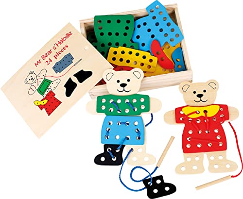 small foot Fädelspiel Anziehbären, Geschicklichkeitsspiel für Kinder, aus Holz, inkl. Holzbox, ab 3 Jahren, Tier 7891, mehrfarbig von Small Foot