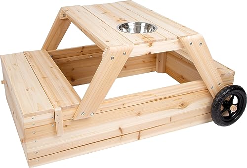 Small Foot Sandboxen Sandkasten mit Sitzgruppe und Matschtisch aus Holz, 3-in-1 Sandkiste zum Zusammenschieben für Kinder, 12420, Natur, Spielhöhe ca. 46 cm, Sitzhöhe ca. 25 cm von Small Foot