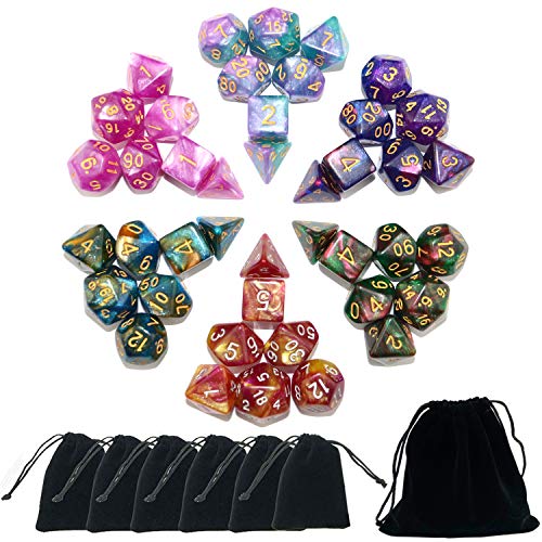 SmartDealsPro Polyedrische Glitzer-Würfel-Sets mit Beuteln für DND RPG MTG Dungeon and Dragons Tischplatten-Rollspiele D4 D8 D10 D12 D20 (6 Sets) von SmartDealsPro