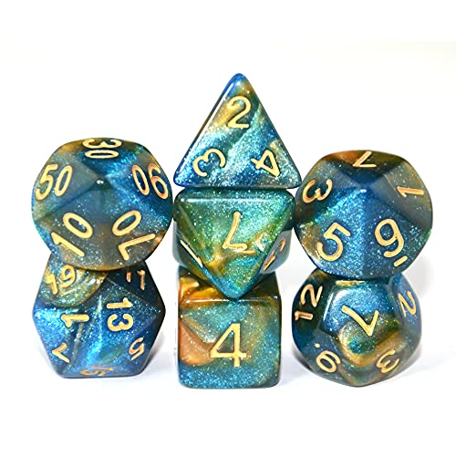 SmartDealsPro Glitzernde Polyedrische Würfel-Sets mit Taschen für DND RPG MTG Dungeon und Dragons Tischbrett Rollenspiele D4 D8 D10 D12 D20 (blau-gold) von SmartDealsPro