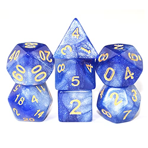 SmartDealsPro Glitzernde Polyedrische Würfel-Sets mit Taschen für DND RPG MTG Dungeon und Dragons Tischbrett Rollenspiele D4 D8 D10 D12 D20 (blau-weiß) von SmartDealsPro