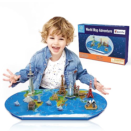 Weltkarte 3D Kinderpuzzle - Lustiges Geographie-Spiel für Kinder mit 12 World of Wonders - DIY Modellbau-Kit - Coole Architektur-Kits Weltkarten-Puzzle für Kinder im Alter von 6-8-12 Jahren von Smartstoy