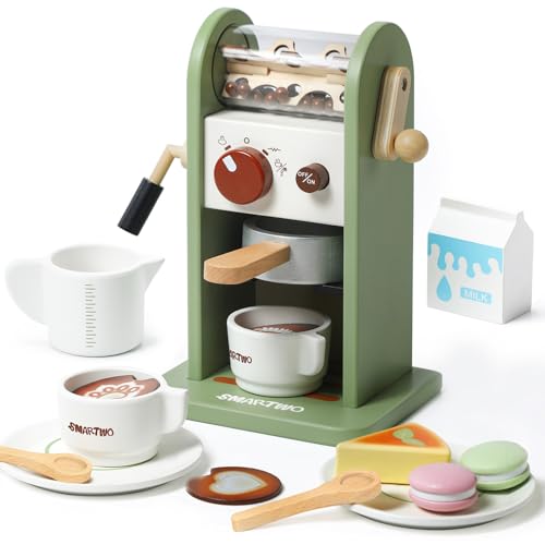 Smartwo Kaffeemaschine Kinder Holz, Kinderküche Kaffeemaschine mit Mühle, Spielküche Zubehör, Espressomaschine Holzspielzeug Set, Küchenzubehör Rollenspiele, Geschenk Mädchen ab 3 Jahre, Grün von Smartwo