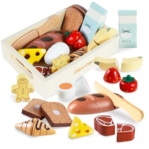 Smartwo Kinderküche Zubehör Holz Lebensmittel zum Schneiden, Spielküche Zubehör Frühstück Set, Küchenzubehör für Rollenspiele, Holzspielzeug Küche 12PCS, Geschenk für Mädchen Jungen ab 2 Jahre von Smartwo