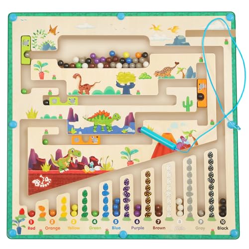 Smartwo Montessori Spielzeug Magnetspiel Labyrinth ab 3 4 5 Jahre, Magnet Kinderspielzeug ab 3 Jahre Junge, Farben & Zahlen Lernspielzeug, Holzspielzeug mit Dinosaurier Thema, Geburtsttagsgeschenk von Smartwo