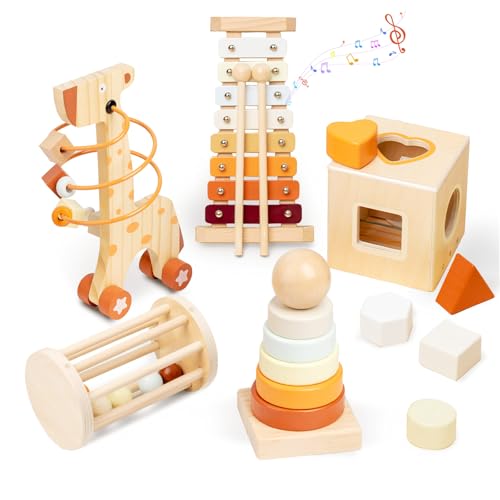 Smartwo Montessori Spielzeug Set ab 1 Jahr, 5-in-1 Baby Holzspielzeug ab 12 Monate, Pädagogische Motorikspielzeug, inkl. Stapelturm Formensortier Xylophon, Geschenk für 1 2 3 jährige Mädchen Jungen von Smartwo