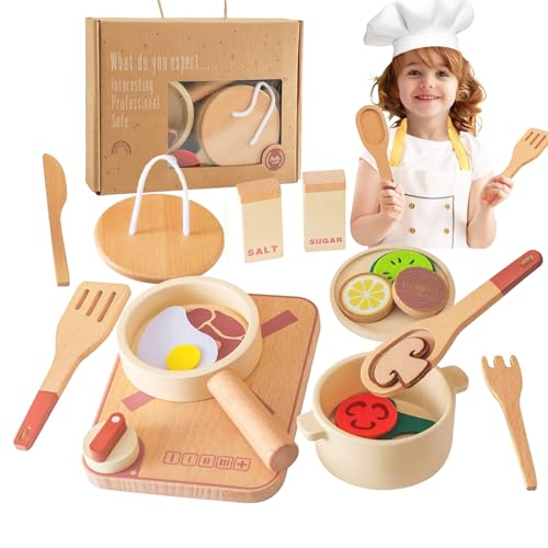 Smartwo Topfset und Geschirr für Spielküche, Kinderküche Zubehör aus Holz, Küchenutensilien Pfanne Holzspielzeug-Set, Kochset für Rollenspiele, Weihnachten Geschenk für Jungen Mädchen ab 3 Jahre von Smartwo