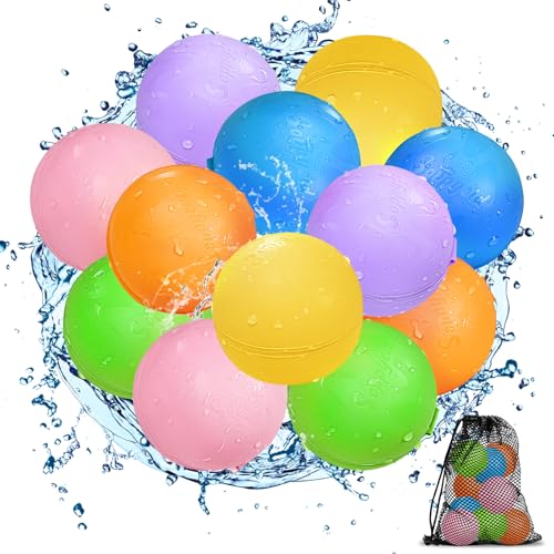 Smasiagon 12 Stück Wiederverwendbare Wasserbomben Selbstschließend, Schnell befüllbare Silikon Spritzbälle für Kinder Erwachsene, Outdoor Sommerspaß Wasserspielzeug für Party Wasserpark Familienspiel von Smasiagon