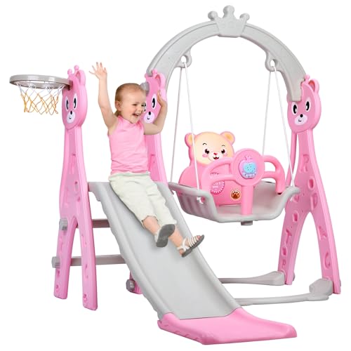 Smbcgdm Rutschen- und Schaukelset für Kinder, freistehendes Kleinkinder, Baby-Minispielplatz mit Bärenmotiv, Babyspielplatz Rutschfester Leiter, Rutsche, Schaukel, Rosa von Smbcgdm