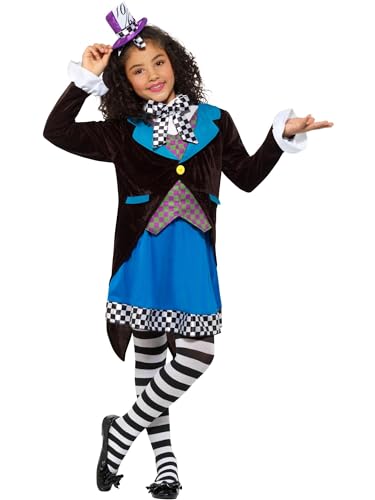 Smiffys Deluxe Kostüm, Kleine Hutmacherin, Mehrfarbig, mit kleid, angenähter Weste, Krawatte und Zylinder von Smiffys