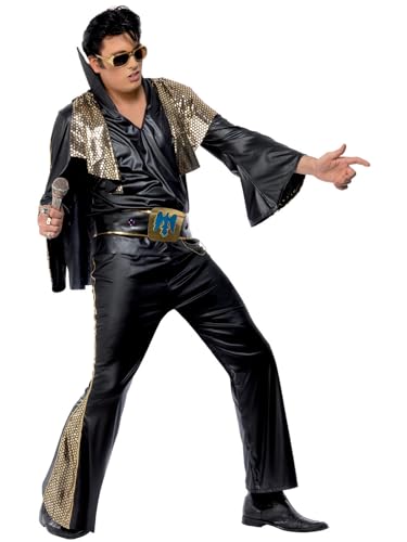 Elvis Costume, Black & Gold, with Shirt, Trousers, Cape & Belt, (L) von Smiffys