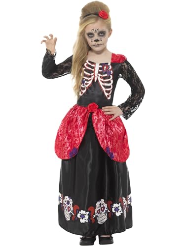 Smiffys Deluxe Tag der Toten Totes-Mädchen-Kostüm, Schwarz, mit Kleidund Kopfschmuck von Smiffys