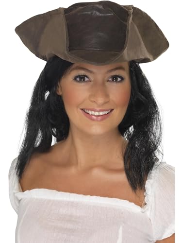 Smiffys Leder-Look Piraten-Hut, Braun, mit schwarzem Haar von Smiffys