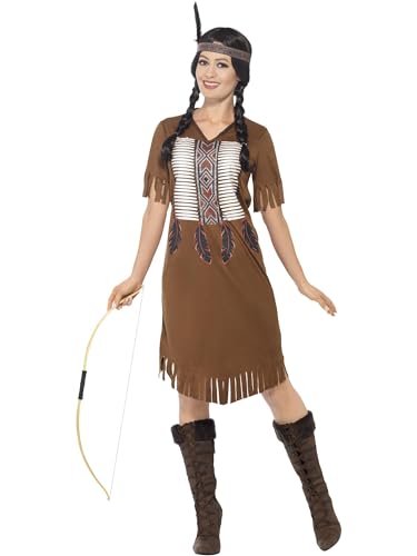 Smiffys Indianer-Krieger-Prinzessin-Kostüm von amerikanischen Ureinwohnnern inspiriert, braun mit Kleid und Kopfschmuck von Smiffys