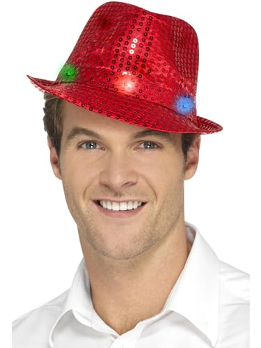 Smiffys Leuchtender Pailletten-Trilby-Hut, Rot, mit LED-Multifunktionsleuchten von Smiffys