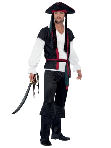 Smiffys Aye Aye Piratenkapitän Kostüm, Schwarz, mit Oberteil, Hose, Krawatte & Hut mit Haaren von Smiffys