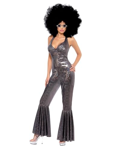 Disco-Diva Kostüm Silberner Schlag-Jumpsuit, Medium, Silber von Smiffys