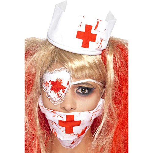 Halloween! Smiffys Set Blutige Krankenschwester, mit Maske, Kopfteil und Augenklappe, Bluteffekt von Smiffys