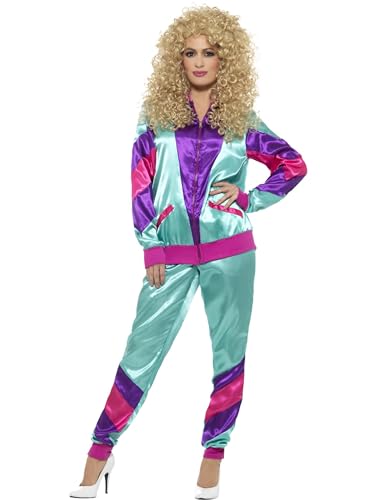 Smiffys Trainingsanzug-Kostüm im supermodischen 80er-Jahre-Stil, Damen, Petrol und Violett, mit Jacke und Hose von Smiffys