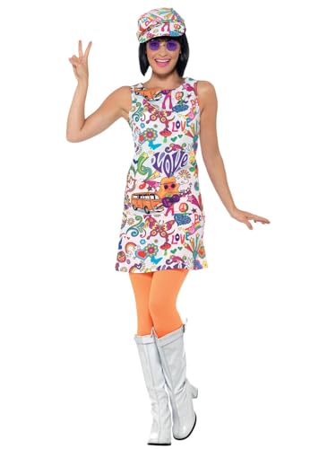 Smiffys 60er-Jahre Groovy-Mädchen-Kostüm, mehrfarbig, mit Kleid und Mütze von Smiffys