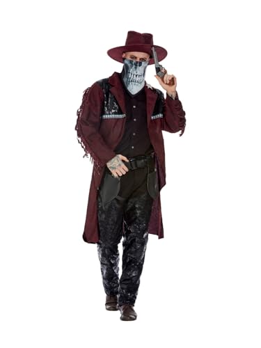 Smiffys Dunkles Western Cowboy-Kostüm, Burgunderrot, Jacke, Lefzen, Holster, Hut & Maske von Smiffys