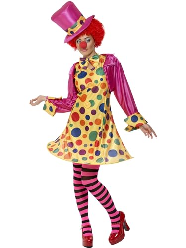 Clown Lady Costume, Multi-Coloured, Hooped Dress, Shirt, Bow Tie, Stripy Tights & Hat, (PLUS X1) von Smiffys