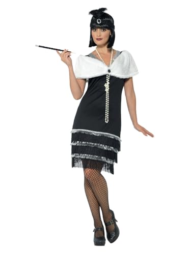 Smiffys Flapper-Kostüm, Schwarz, mit Kleid, Stirnband und Fellstola von Smiffys