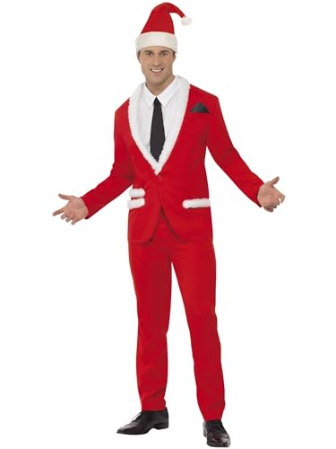 Smiffys Cooler Santa Kostüm, Rot, mit Jacke, Hose, Kopfbedeckung, vorgetäuschtem Hemd & Krawatte von Smiffys